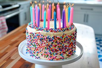 Celebration birthday cake with colorful sprinkles and colorful birthday candles - 781451253
