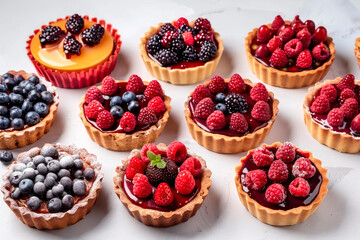 Differents Berry tartlets with curd cream. Delicious pastries - obrazy, fototapety, plakaty