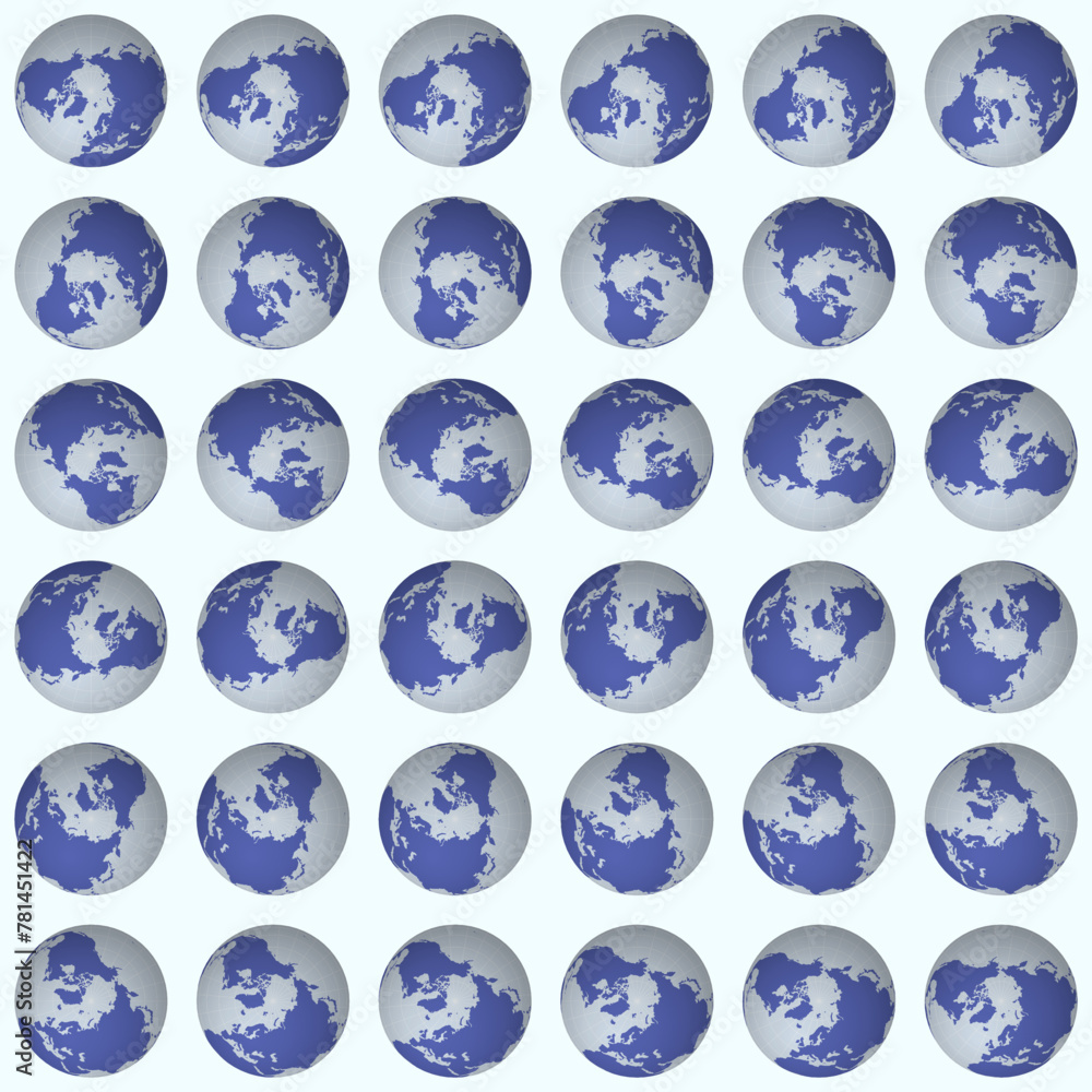 Poster collection of globes. north pole sphere view. rotation step 10 degrees. solid color style. world map