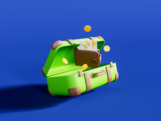 Travel costs. Green luggage bag with wallet and coins on vibrant blue background. 3D Rendering, 3D Illustration - 781451415