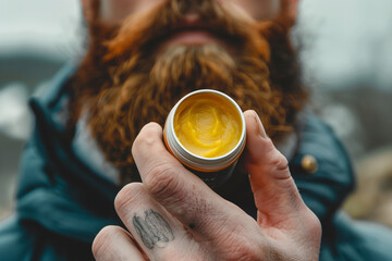 A man is holding a jar of beard oil. The jar is full and the man is looking at it