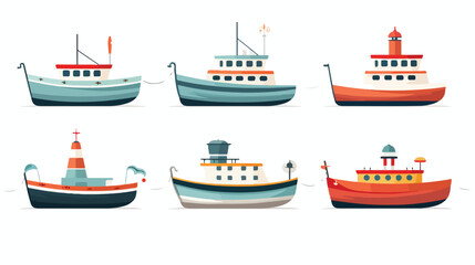 Illustration of the six colorful boats on a white b