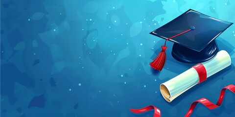 Graduation cap and diploma mortar hat. University graduate show diploma certificate . Copy space blue background blue web banner.
