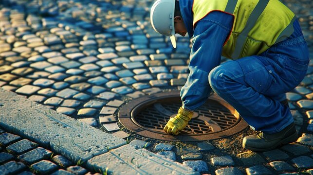 Construction Worker at Manhole Repair