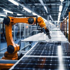 Innovative technology in action  An orange industrial robot arm assembles solar panels on a modern factory production line, highlighting advancements in automated manufacturing
