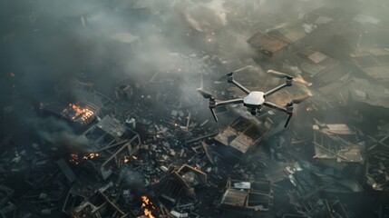 Drone Over Post-Disaster Rubble at Dusk - obrazy, fototapety, plakaty