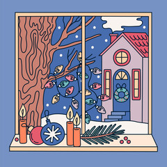 Hand drawn winter window illustration