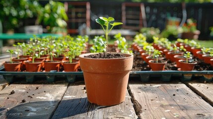 Fototapeta na wymiar A small green plant in a potted pot