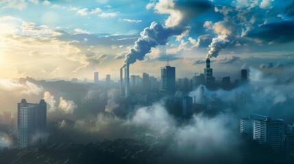 Industrial Cityscape at Sunrise With Smoke Emissions - obrazy, fototapety, plakaty