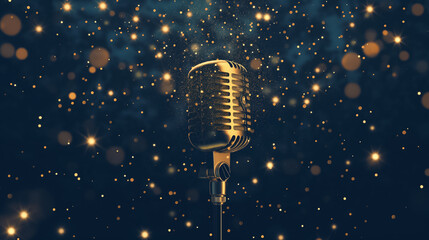 Classic Microphone with Sparkling Gold Dust on Navy Blue Bokeh Background - obrazy, fototapety, plakaty