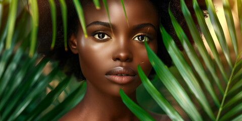 A woman with dark skin and long hair is standing in front of a green plant. She is wearing makeup and has a serious expression on her face. Concept of natural beauty and simplicity