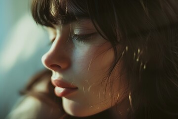 Intimate portrait of a contemplative young woman with window reflections, expressing tranquility and introspection.
