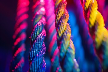 Close-up of colorful twisted ropes under moody lighting, highlighting textures and patterns, suitable for dynamic backdrops.

