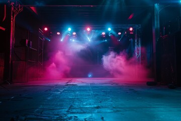 Empty stage with vibrant blue and pink lights casting dynamic shadows, ready for a performance in a night club setting.

 - obrazy, fototapety, plakaty