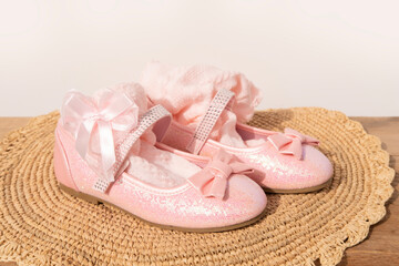 Beautiful girly pretty pink dress shoes with bows and glitter for little princess, matching lace...