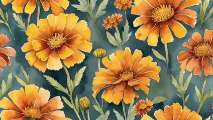 Cheerful marigolds set against a watercolor wash of goldenrod yellow and burnt sienna, brightening any day.