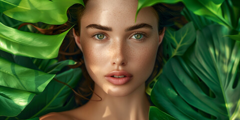 A woman is laying in a bed of green leaves. She has green eyes and a greenish tint to her skin