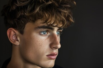 Close-up portrait of a young man with a stylish, tousled fringe haircut against a dark background