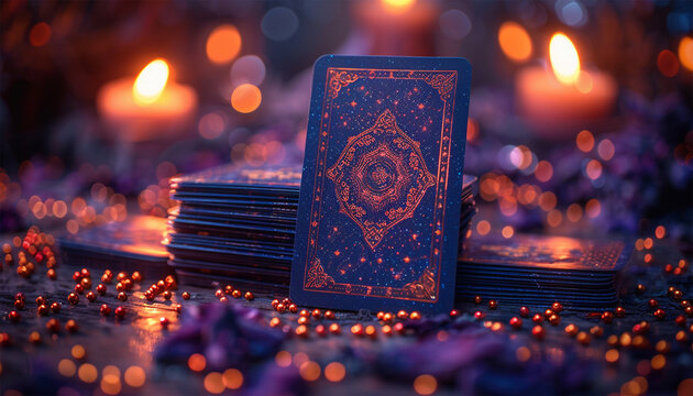 Tarot cards with candle light purple colors. fortuneteller reads fortunes by tarot cards and candles on the background. Astrology occult magic spiritual horoscopes and palm reading