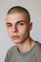 Fototapeta premium Close-up of a young male with a neat buzz cut against a soft background
