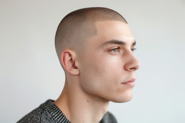 Profile view of a young man with a neat buzz cut against a light background - Powered by Adobe