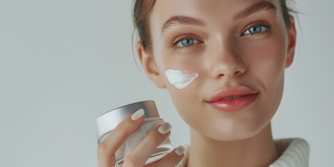 A woman is holding a white cream container and applying it to her face. Concept of self-care and beauty, as the woman takes the time to apply the cream to her skin - obrazy, fototapety, plakaty