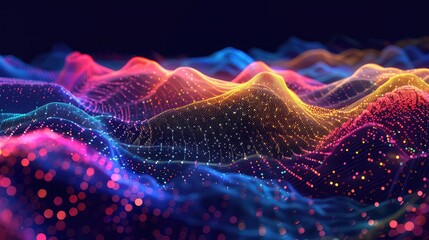 3D Sound waves with colored dots. Data abstract visualization. Digital concept: virtual landscape. Futuristic background. Colored sound waves, visual audio waves equalizer - obrazy, fototapety, plakaty
