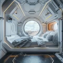 Spaceship Hotel Interior with Panoramic Window Futuristic Capsule Hostel Bedroom, Copy Space