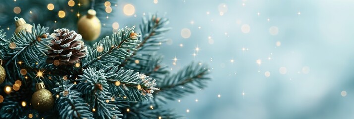 Sparkling Christmas tree branches with pine cones and golden ornaments, beautifully arranged on a frosty blue bokeh background