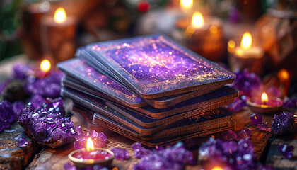 Naklejka premium Tarot cards with candle light purple colors. fortuneteller reads fortunes by tarot cards and candles on the background. Astrology occult magic spiritual horoscopes and palm reading