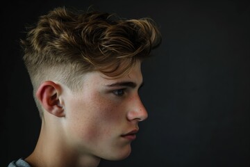 Trendy modern fade haircut for young men with stylish side view, showcasing the fashionable and textured hairstyling at the barber shop for personal grooming and care