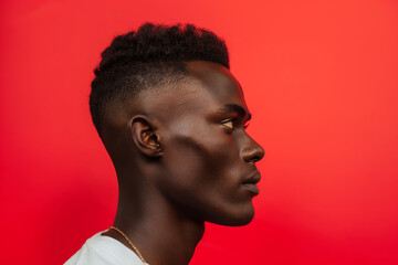 Obraz premium Profile view of a man with a modern fade haircut, showcasing the detailed styling against a vivid red backdrop