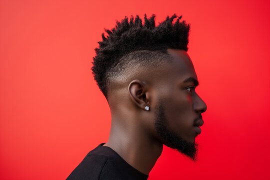 Detailed side view of a mans trendy fade haircut against a vibrant red backdrop