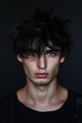 Fototapeta premium Close-up photo of a young man with a trendy, tousled fringe haircut against a dark background