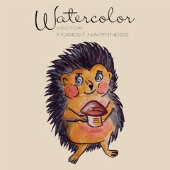 Hedgehog with a flower, Forest illustration. Watercolor vector. Chamomile, needles, delicate tones.