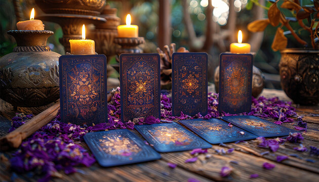 Tarot cards with candle light purple colors. fortuneteller reads fortunes by tarot cards and candles on the background. Astrology occult magic spiritual horoscopes and palm reading