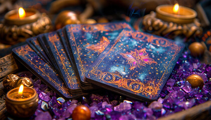 Tarot cards with candle light purple colors. fortuneteller reads fortunes by tarot cards and candles on the background. Astrology occult magic spiritual horoscopes and palm reading