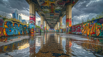 Vivid graffiti under a bridge with a city skyline and dramatic clouds reflecting on water puddles after rain