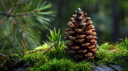 Obraz premium Close-up of pine cone on mossy log