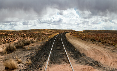 Lonely abandoned railway line in the desert of Arizona, USA. The tracks of a former railway...
