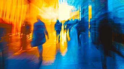 Vibrant Urban Rush: Blurred Silhouettes of Pedestrians in Motion, Abstract City Life Concept Captured in Vivid Colors and Dynamic Movement. Perfect for Background or Artistic Purposes. AI
