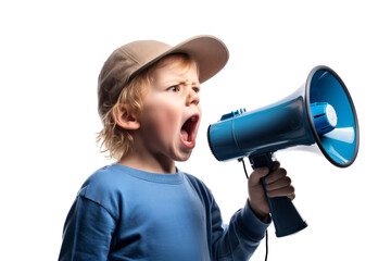 A  furious child in cap yells into a megaphone, isolated on a transparent background - 781454880