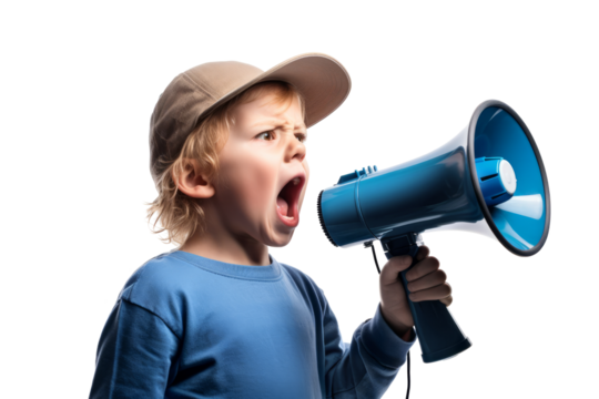 A  furious child in cap yells into a megaphone, isolated on a transparent background