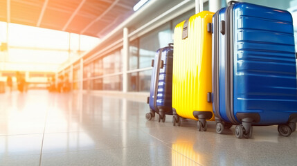 Suitcases against the background of the airport lounge in blur. Copy space, shallow depth of field, selective focus