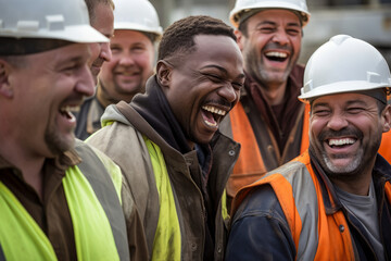 Fototapeta premium Close up of a group of construction workers are laughing together. Shallow depth of field