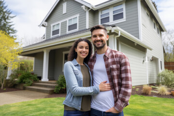 A happy young couple standing in front of a new house. Shallow depth of field