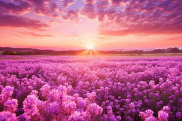 A sunset over field of purple flowers. Background, copy space, wallpaper. Shallow depth of field