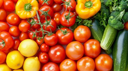 A colorful array of fresh vegetables, including tomatoes and peppers, is displayed in closeup view