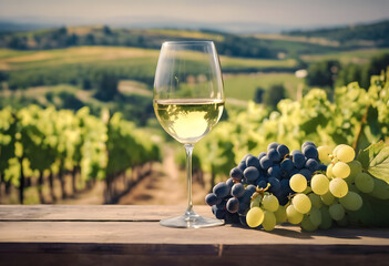 A glass of white wine with a bunch of grapes on a wooden table overlooking a sunlit vineyard.