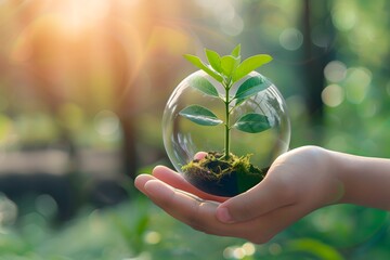 Hand planting trees with technology of renewable resources to reduce pollution ESG icon concept in hand for environmental, social and sustainable business governance.